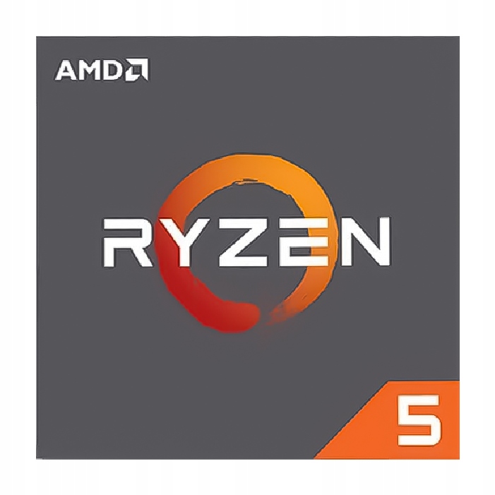 Grafika z logo AMD Ryzen 5 na szarym tle, symbolizująca procesor zastosowany w laptopie.