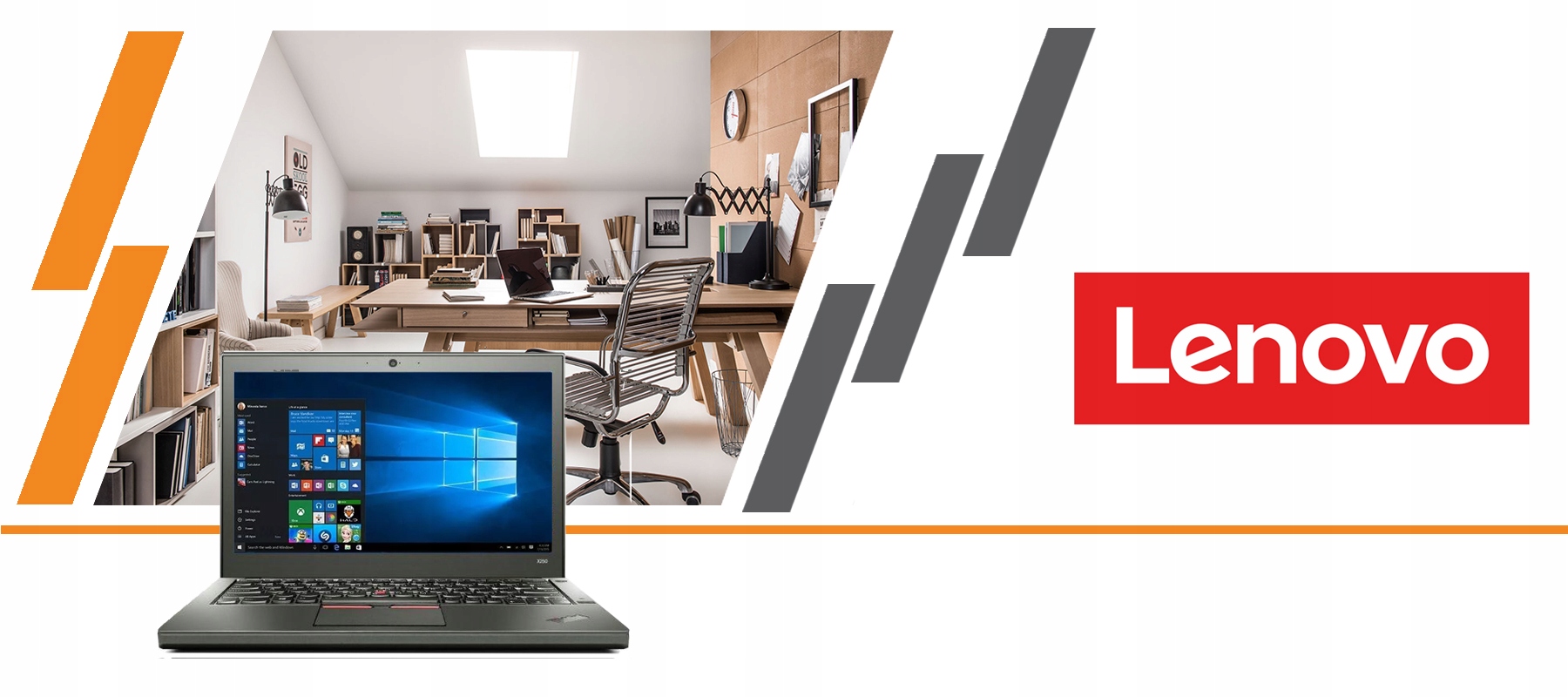 Grafika reklamowa z laptopem Lenovo ThinkPad na tle wnętrza biura, logo Lenovo w rogu.