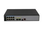 Przedni panel switcha Huawei z ośmioma portami RJ45, dwoma slotami SFP i rzędem diod stanu nad portami.