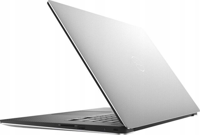 Laptop Dell Precision 5530 uchylony pod kątem, widok z tyłu na srebrną obudowę matrycy z logo Dell.