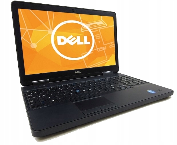 Otwarty laptop Dell Latitude E5550 od przodu, na ekranie logo Dell, widoczna klawiatura i touchpad.