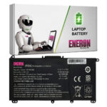 Bateria Eneron HT03XL obok białego pudełka z grafiką robota i laptopa, widoczna etykieta z danymi technicznymi.
