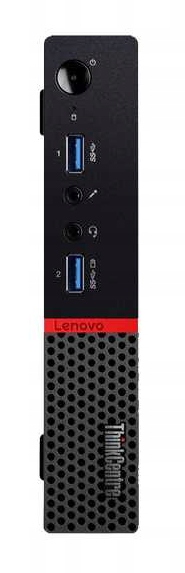 Przód mini komputera Lenovo ThinkCentre M910q z portami USB, słuchawkowym i przyciskiem zasilania na czarnej obudowie.