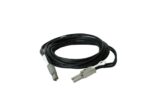 Zwinięty czarny kabel Mini-SAS z metalowymi złączami Mini-HD na jednym końcu i Mini-SAS na drugim.