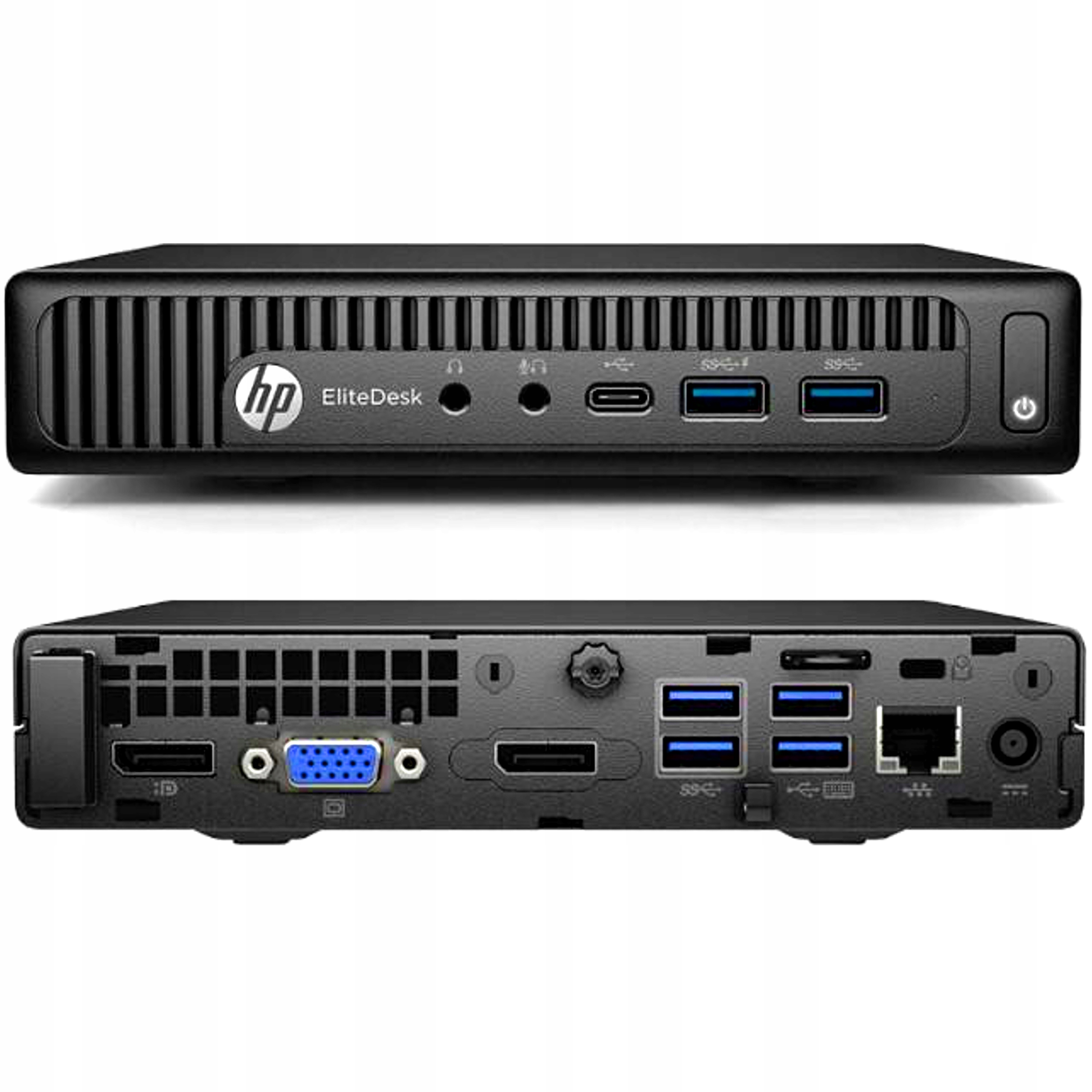 Komputer HP EliteDesk 800 G2 Tiny w trzech widokach: przód z portem USB-C, tył ze złączami DisplayPort, VGA i RJ45, oraz góra z przyciskiem zasilania.
