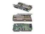 Trzy widoki karty sieciowej Microsoft: od góry z metalową obudową i portami QSFP+, oraz dwa spody z widoczną zieloną płytką PCB i układami.