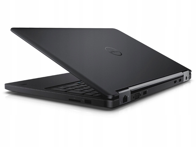 Laptop Dell Latitude widziany od tyłu pod kątem, uchylona pokrywa z logo Dell i widoczne porty boczne.