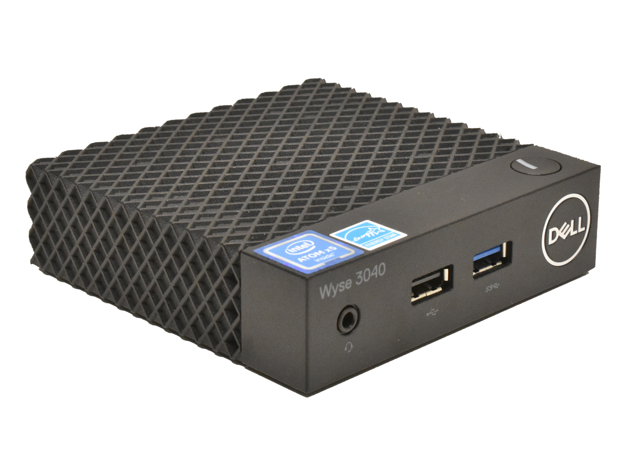 Terminal Dell Wyse 3040 z perforowaną obudową, widoczne z przodu dwa porty USB i gniazdo audio.