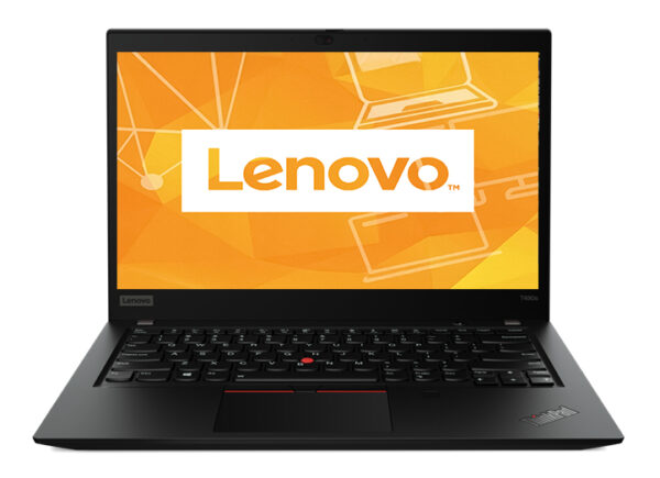 Otwarty laptop Lenovo ThinkPad T490s pod kątem z boku, ekran włączony z logo Lenovo, czarna obudowa i klawiatura.
