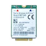 Zbliżenie na moduł modemu LTE Sierra Wireless EM7345 na karcie M.2 z widoczną naklejką z oznaczeniami producenta.