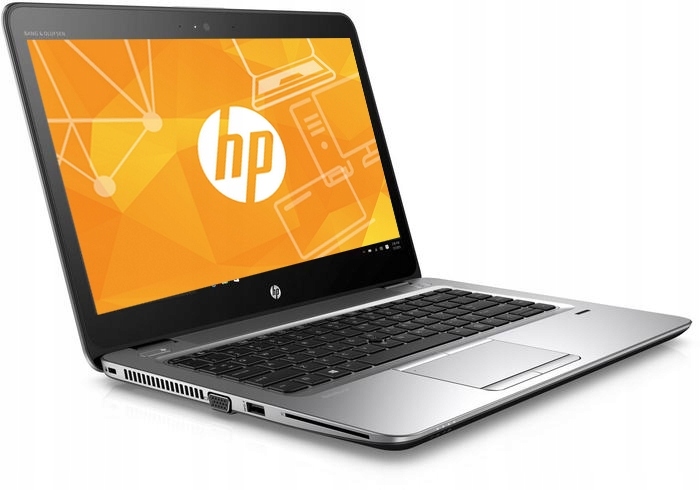 Otwarty laptop HP EliteBook 840 G3 pod kątem z boku, ekran z grafiką sieciową, widoczna klawiatura i touchpad.