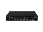 Przedni panel przełącznika AMX Solecis z rzędem portów HDMI, złączem sieciowym i przyciskami wyboru wejść.
