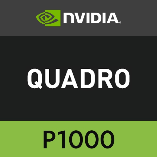 Grafika z logo NVIDIA i napisem Quadro P1000, oznaczająca kartę graficzną zainstalowaną w laptopie.