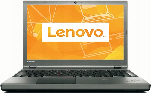 Otwarty laptop Lenovo ThinkPad T540p pod kątem z boku, ekran wyświetla pomarańczowe logo Lenovo, czarna obudowa.