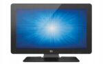 Monitor dotykowy Elo Touch na podstawie stołowej, ekran włączony z kolorowym wzorem testowym, widok z przodu.