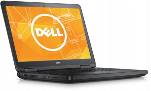 Laptop Dell Latitude E5540 otwarty pod kątem z boku, na ekranie pomarańczowa grafika z logo Dell, czarna obudowa