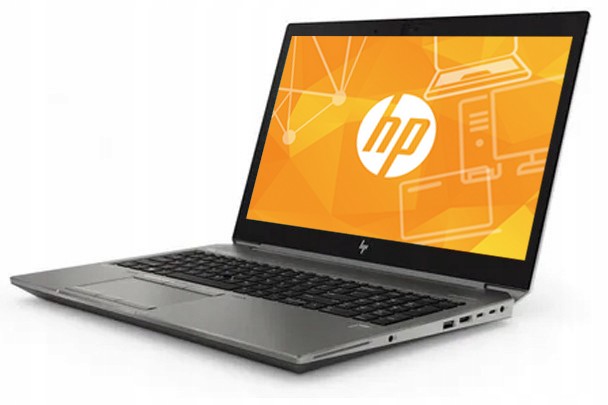 Otwarty laptop HP ZBook pod kątem z boku, ekran z pomarańczową grafiką testową, widoczna klawiatura i porty boczne.