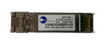 Moduł SFP+ OptoMark z metalową obudową, złączem LC i naklejką z opisem 10G 850nm 300m.