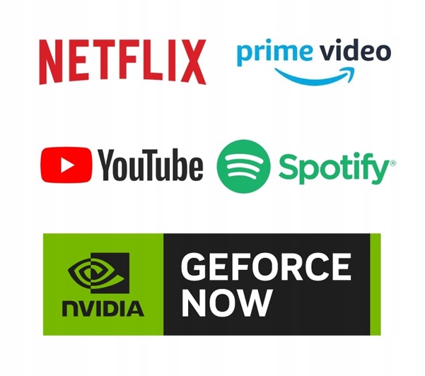 Logotypy Netflix, Prime Video, YouTube, Spotify i Nvidia GeForce Now symbolizujące obsługiwane aplikacje streamingowe.