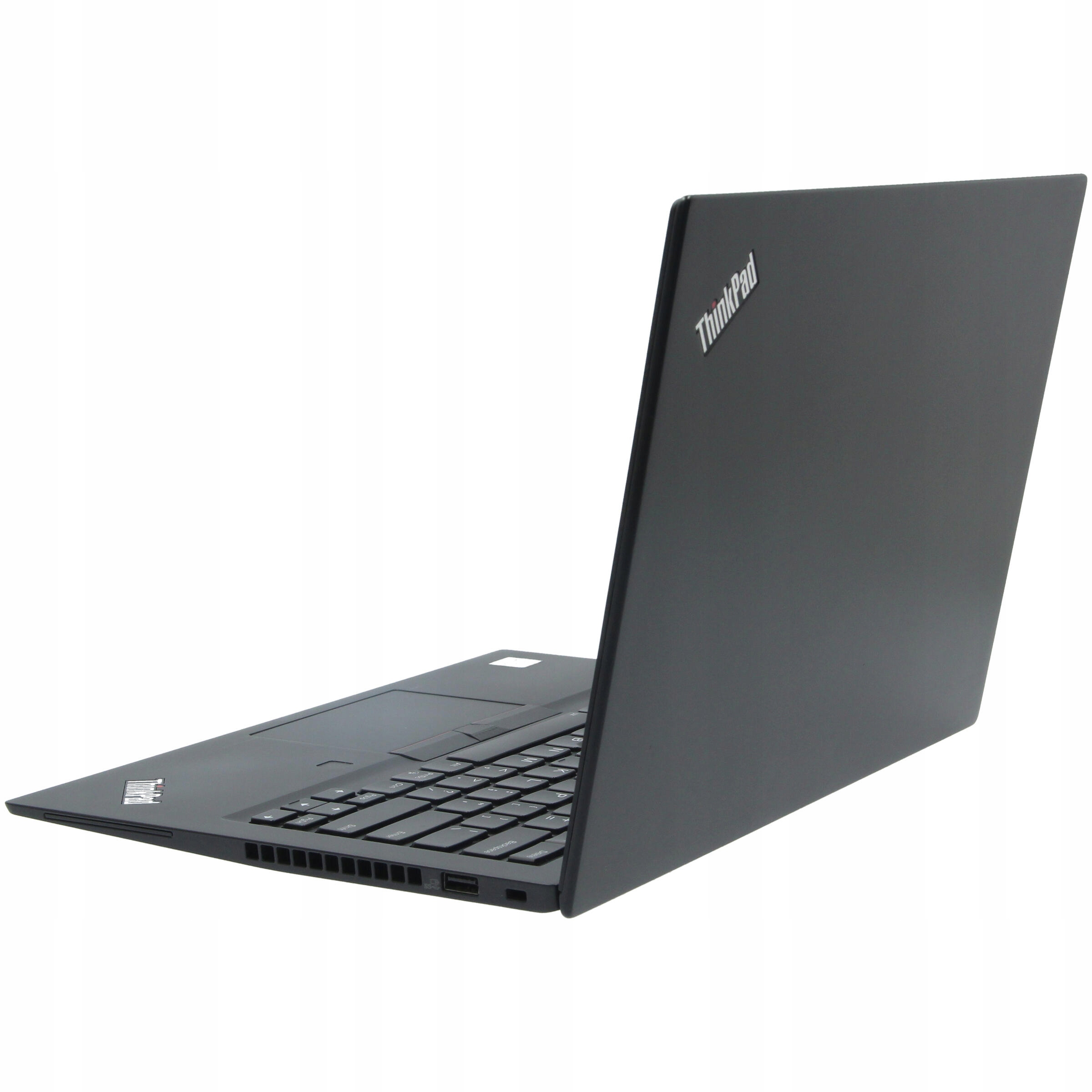 Laptop Lenovo ThinkPad T14 widziany z tyłu pod kątem, uchylona klapa z logo ThinkPad, widoczna klawiatura i kratki wentylacyjne.