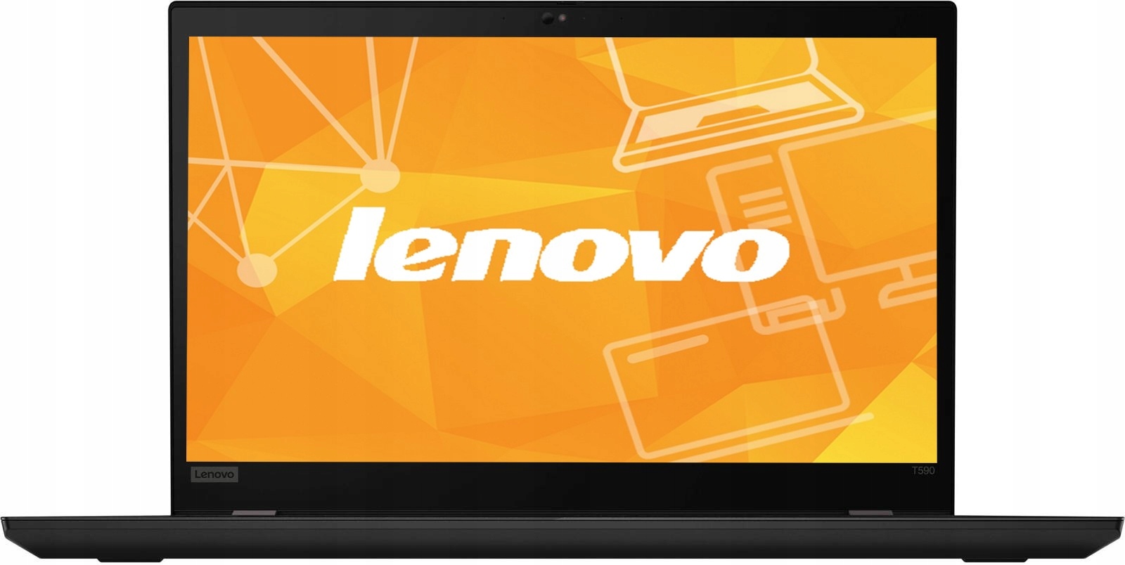 Laptop Lenovo ThinkPad T590 widziany z przodu, ekran włączony z pomarańczową grafiką i logo Lenovo, obudowa czarna