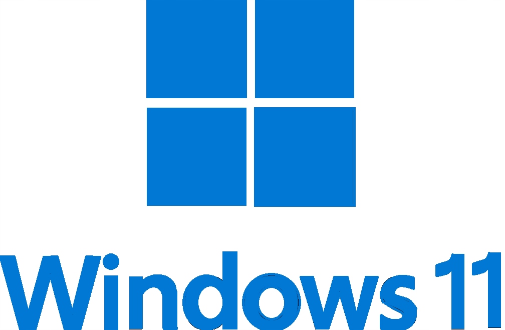 Logo systemu Windows 11 - niebieska ikona z czterema kwadratami i napis Windows 11 pod spodem.
