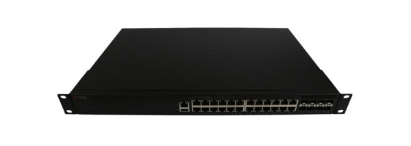 Przedni panel switcha Brocade ICX7250-24 z rzędami portów RJ45 i diodami, uszy montażowe po bokach obudowy.