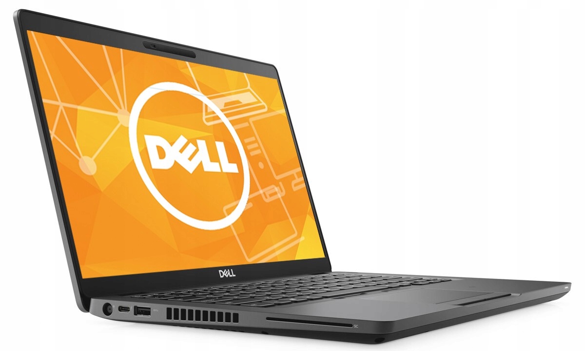 Laptop Dell Latitude 5400 otwarty pod kątem, ekran włączony z logo Dell na pomarańczowym tle, widoczna klawiatura.