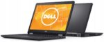 Dwa laptopy Dell Latitude obok siebie: jeden przodem z pomarańczowym ekranem i logo Dell, drugi tyłem pokazujący pokrywę obudowy.