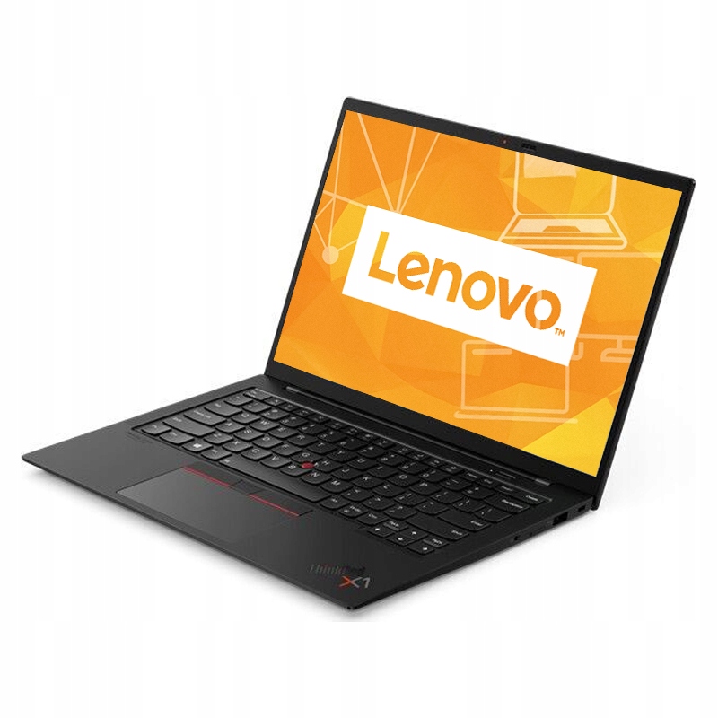 Laptop Lenovo ThinkPad X1 Carbon otwarty pod kątem z boku, na ekranie logo Lenovo, widoczna klawiatura z czerwonym akcentem TrackPoint.
