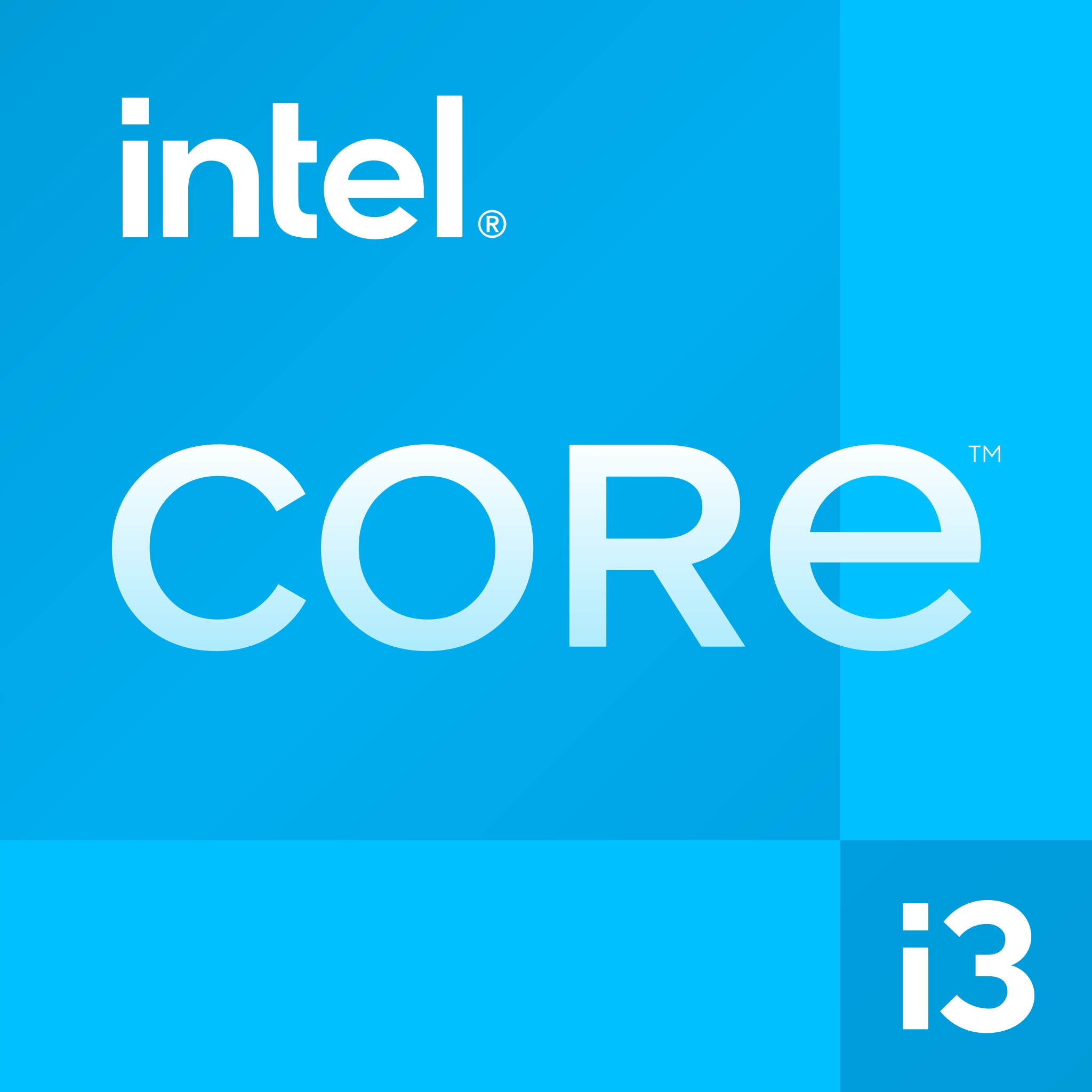 Grafika z logo Intel Core i3 na niebieskim tle, symbolizująca procesor zastosowany w laptopie.