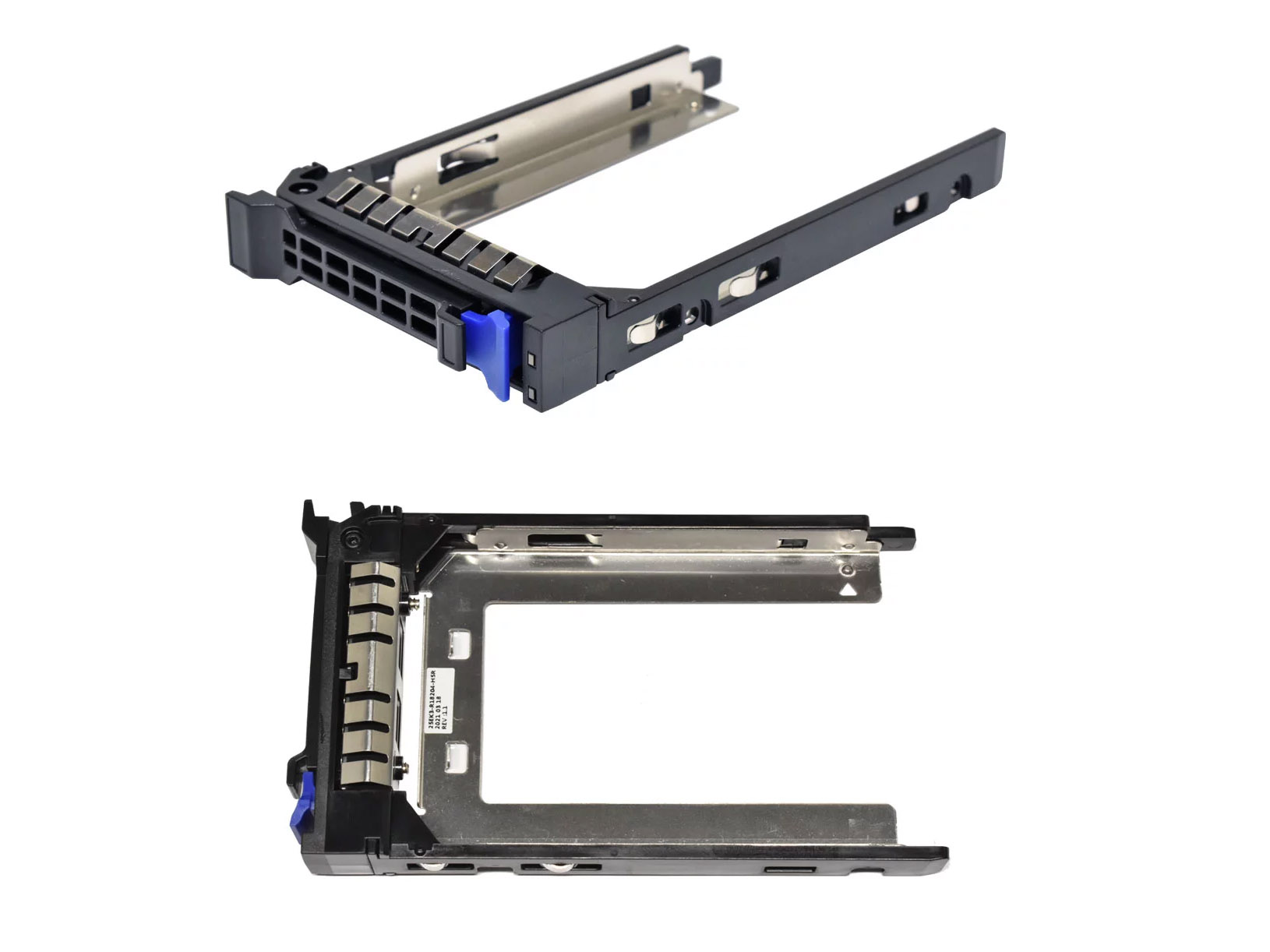 Dwie ramki na dysk 2.5" do serwera Gigabyte, widok z góry i od boku, metalowa konstrukcja z niebieskim zatrzaskiem.
