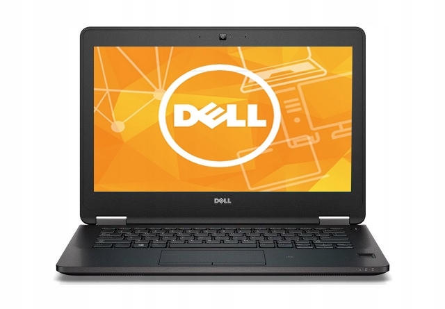 Otwarty laptop Dell Latitude E7270 od przodu, na ekranie pomarańczowa grafika startowa z logo Dell.