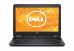 Otwarty laptop Dell Latitude E7270 od przodu, ekran z pomarańczową grafiką powitalną Dell, widoczna klawiatura i kamera nad ekranem.