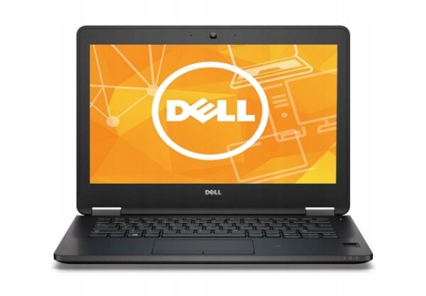 Otwarty laptop Dell Latitude E7270 od przodu, ekran z pomarańczową grafiką powitalną Dell, widoczna klawiatura i kamera nad ekranem.