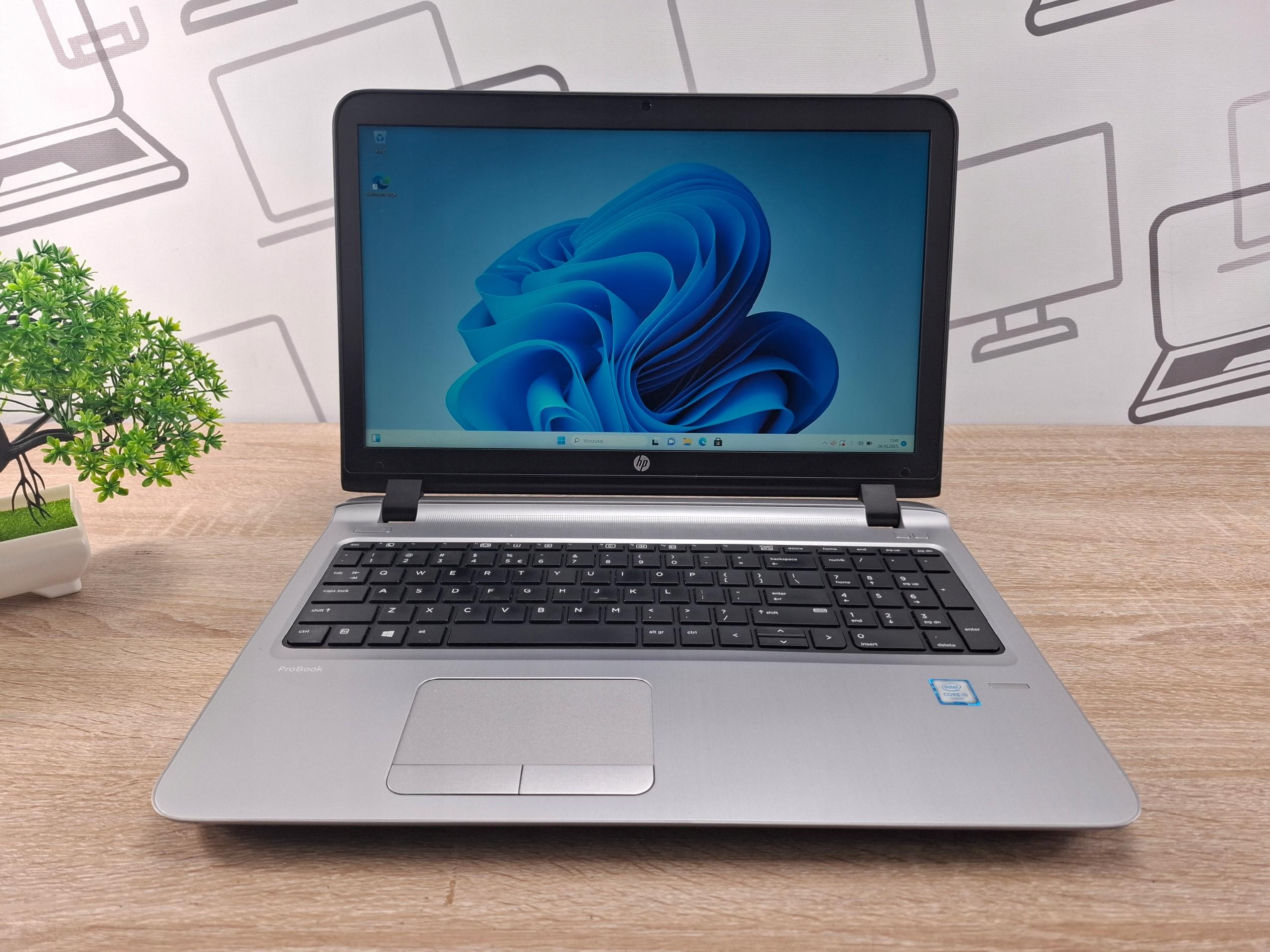 Otwarty laptop HP ProBook 450 G3 pod kątem z przodu, na ekranie logo Windows 11, obok doniczka z rośliną.