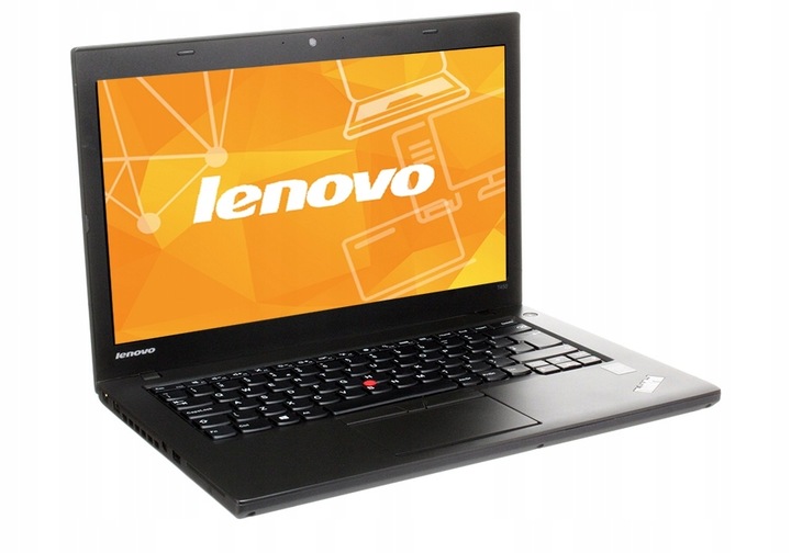 Otwarty laptop Lenovo ThinkPad T450 pod kątem z boku, ekran włączony z pomarańczową grafiką i logo Lenovo, widoczna klawiatura.
