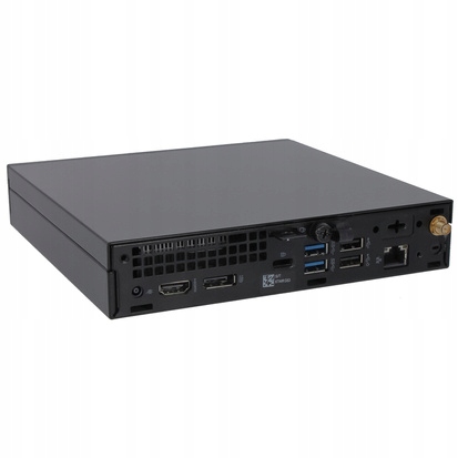 Tylny panel komputera Dell Micro z portami USB, HDMI, DisplayPort, LAN i widoczną anteną WiFi
