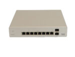Przedni panel switcha Cisco Meraki MS220-8P-HW z ośmioma portami RJ45 i dwoma slotami SFP, obudowa w kolorze szarym.