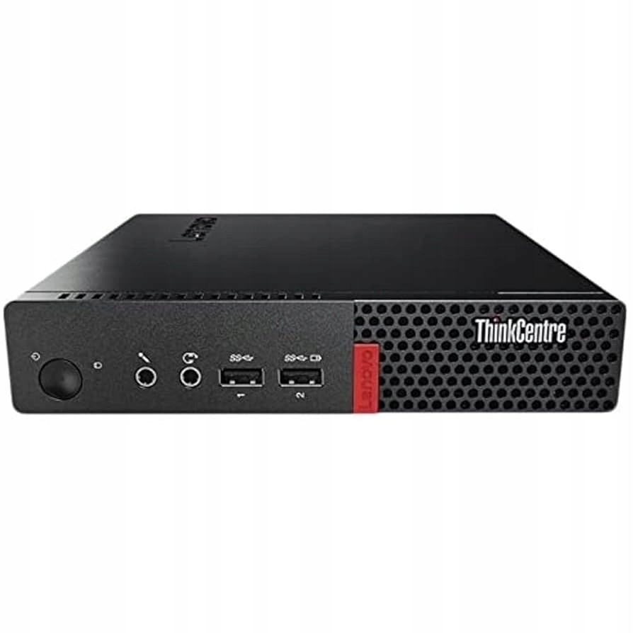 Przód komputera Lenovo ThinkCentre M910Q typu mini z widocznym przyciskiem power, portami USB i słuchawkowym.