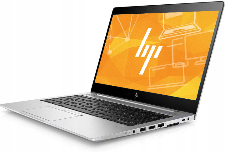 Otwarty laptop HP EliteBook pod kątem z boku, ekran włączony z grafiką reklamową, widoczne porty boczne i klawiatura.