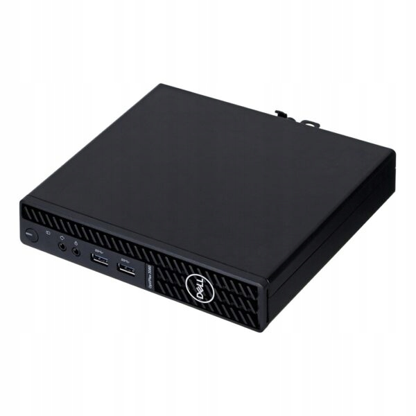 Czarna obudowa Dell OptiPlex 3080 Tiny widziana z przodu pod skosem, widoczne porty USB i przycisk zasilania.