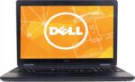 Otwarty laptop Dell E7250 od przodu, na ekranie logo Dell na pomarańczowo-niebieskim tle, widoczna klawiatura i touchpad.
