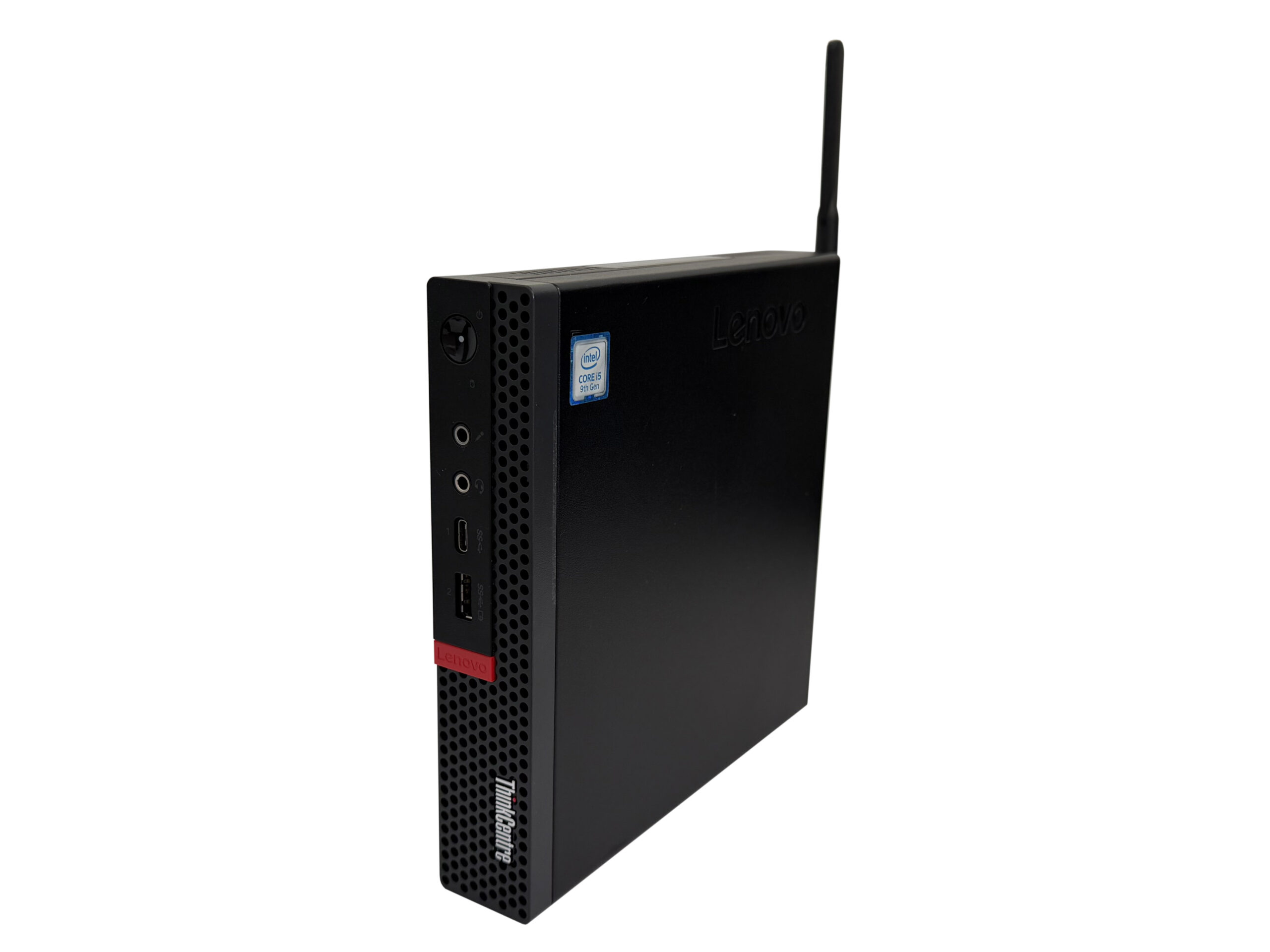 Komputer Lenovo ThinkCentre Tiny M920q z boku, widoczna antena Wi-Fi z tyłu i przyciski na przednim panelu.