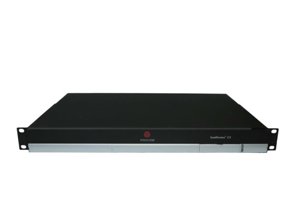 Przedni panel procesora audio Polycom SoundStructure C12 w obudowie rack 1U z uszami montażowymi.