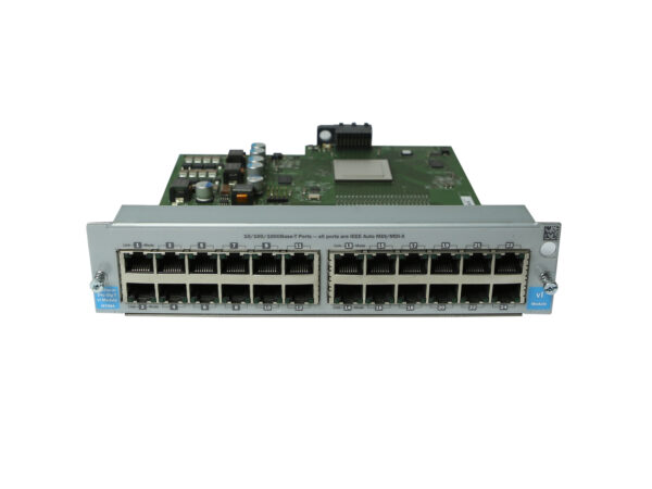 Moduł HP J8768A z dwoma rzędami po 12 portów RJ-45 i widoczną płytką elektroniczną nad nimi, uchwyty montażowe po bokach.