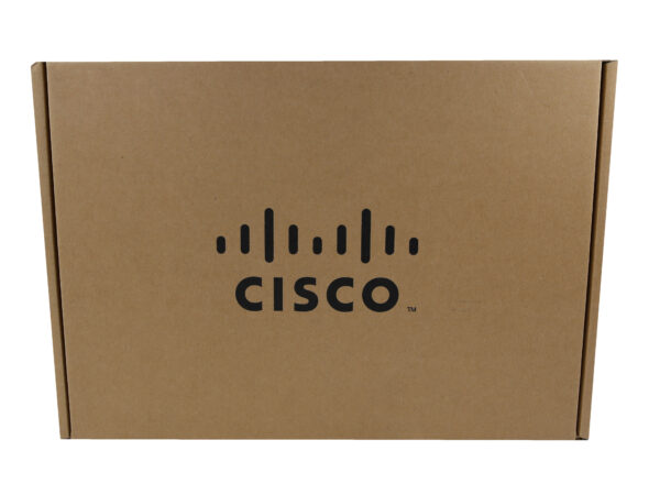 Zamknięte kartonowe pudełko z logo Cisco na wieku, widok z góry.