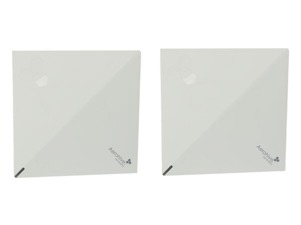 Dwa kwadratowe access pointy Aerohive AP122 w białej obudowie, widok od przodu z logo producenta.