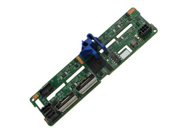 Płytka backplane Huawei ułożona po przekątnej, widoczne złącza dysków 2.5" i niebieska dźwignia blokady.