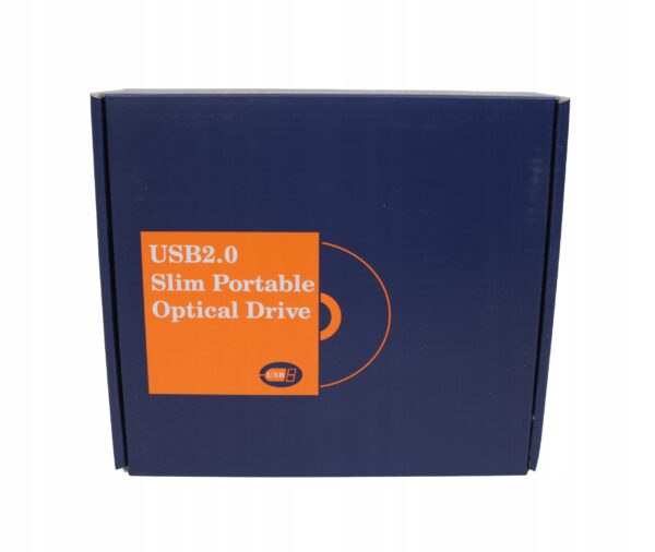 Granatowe pudełko kartonowe z pomarańczową naklejką "USB2.0 Slim Portable Optical Drive" na boku.